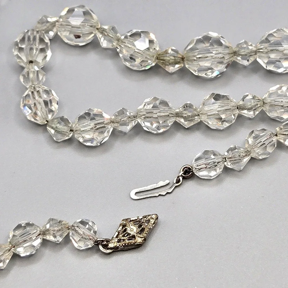 Vintage Clear Faceted Crystal Glass Bead Graduated Necklace 30 In Filigree Clasp
